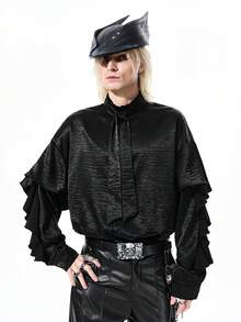 ROMWE MEN Street Life 男士素色拼接荷葉邊長袖寬鬆版型襯衫 - 黑色 - 查看 8