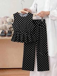 SHEIN Teen Girl Polka Dot Print Ruffle Hem Tank Top And Pants Set - Multicolor - View 6