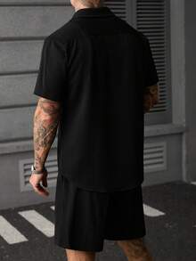 SLATEMANN Men's Solid Color Single-Breasted Short Sleeve Shirt And Shorts Casual Daily Set - Black - View 2