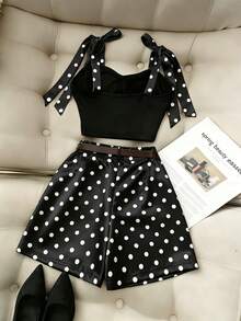 SHEIN Franclia 女款波點肩結上衣與裙褲休閒日常兩件套 - 黑色 - 查看 2