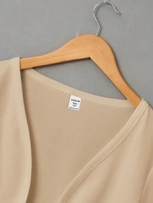 SHEIN Girlism 青少年女孩針織素色短版休閒長袖開襟秋季外套 - 卡其色 - 查看 4