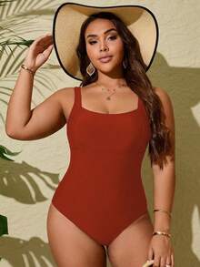Swim Lushoire Plus Size Solid Color One-Piece Camisole Swimsuit - Red - View 3