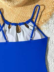 SHEIN Traje de baño de una pieza con falda y fruncido de unicolor para niña preadolescente, adecuado para vacaciones en la playa, fiesta en la piscina, fiesta en la playa - azul real - Ver 5