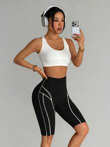 Slayform Slayform Contrast Color Seamless Sports Essential AthleticBermuda Shorts Gym Black Summer - Black and White - View 6