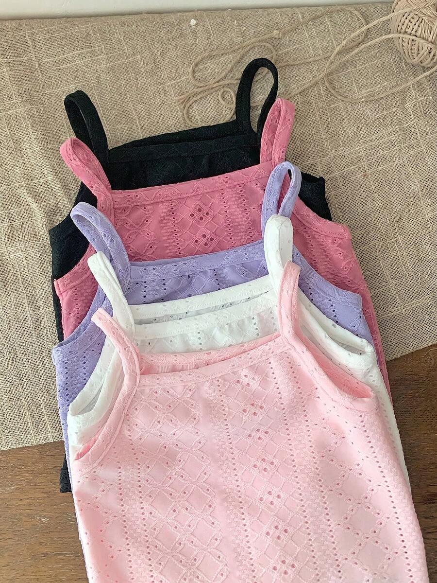 SHEIN LMoss Kids Newborn Baby Girl Summer Cute Knit Solid Color Strap Camisole 5pcs/Set - Hot Pink - View 1