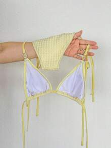 Swim Mod 2026 Spring/Summer Cream Yellow Textured Fabric Gold Flower Decor Halter Neck Side High Cut Tie String Thong Bikini Swimsuit 2-Piece Set For Women - Yellow - View 3