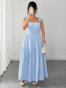 Elenzga Plus Size Fashion Women's French Elegant Blue Striped Strapless Spaghetti Strap Dress, Lace-Up Cinched Waist Design Full Skirt Long Dress Suitable For Summer Back To School, Vacation, Graduation, Holiday, Valentine's Day, Christmas, Music Festival, Mother's Day, Halloween, Thanksgiving, Easter, National Day, Prom, Birthday, Date Party, Wedding Season, Outing, Etc. - Multicolor - View 5