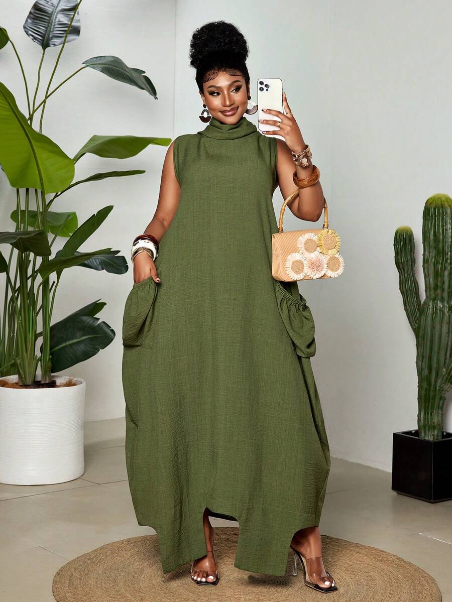 Maweii Plus Size Women's New Green Ruched Neckline Sleeveless Dress, Loose Fit, Draping Fabric, Long Asymmetric Hem, Pocket Design, Casual Dress, Daily Wear Vibe, Slouchy Elegant, Summer Loose Slimming Draping Elegant Long Sleeveless Casual Dress - Green - View 1