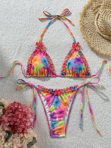 Swim Mod 2件組 春夏海灘度假彩色花卉隨機印花蝴蝶結飾掛脖三角杯比基尼上衣與側綁比基尼泳褲性感比基尼套裝 - 彩色 - 查看 3