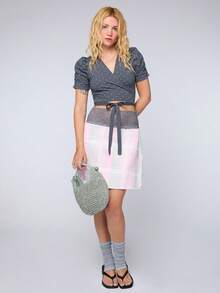 COUREZ Puff Sleeve Polka Wrap Cardigan Top Y2K French Cute Matching Summer Outfits For Women Casual Autumn Going Out Everyday Date Rave Blue Polka Dot - Grey - View 2