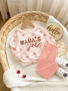 珊瑚粉色可愛愛心字母Mama'girl❤女嬰休閒舒適柔軟加厚保暖圓領長袖運動衫與內搭褲套裝，適合秋冬日常穿著，舒適季節時尚女嬰款 - 彩色 - 查看 4