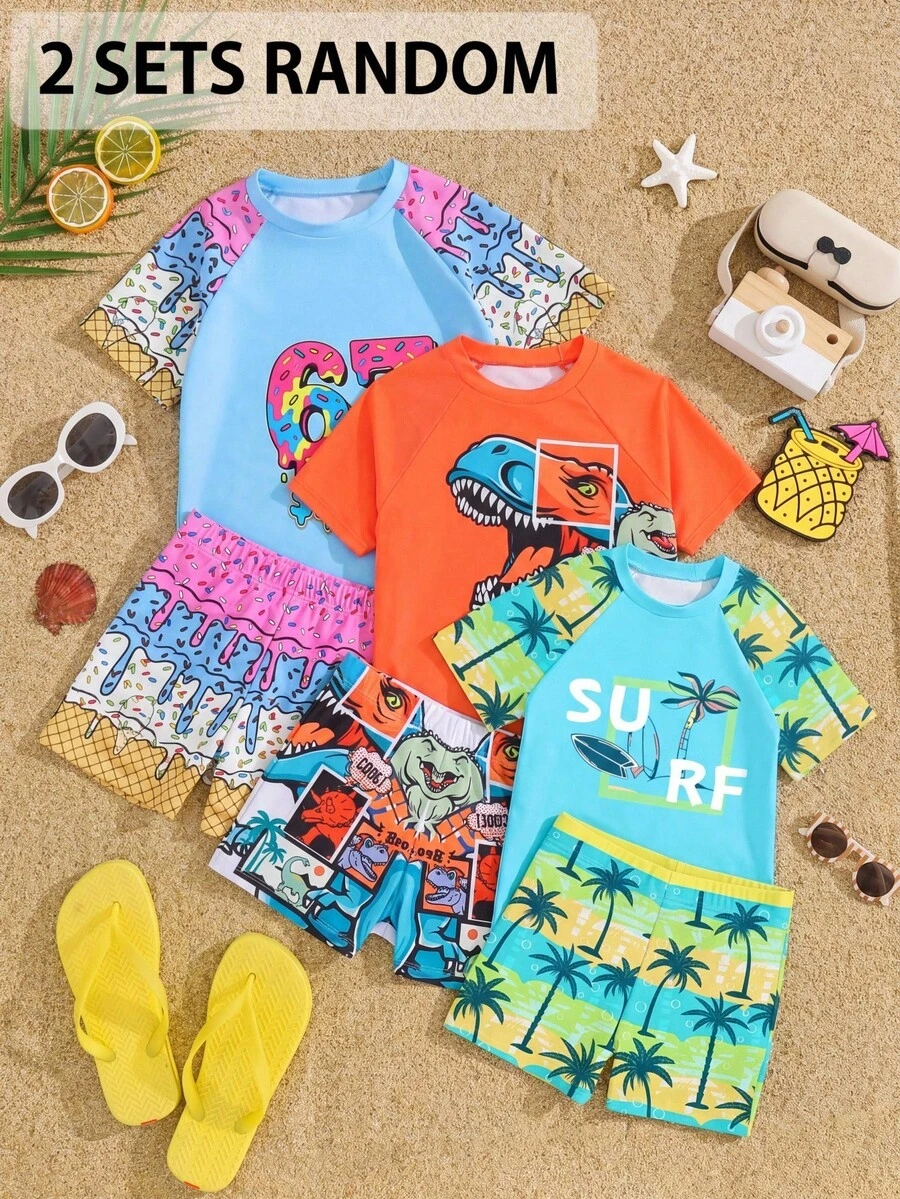 Tween Boy Digital Print Raglan Short Sleeve Top And Shorts Casual Swimsuit Set - Green - View 1