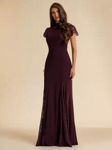 SHEIN BAE Women's Burgundy Semi-High Neck Short Sleeve Lace Inset Patchwork Elegant Dress Formal Banquet Dinner Date Birthday Autumn - Purple - View 5