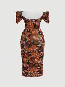 Vestido largo ajustado con hombros descubiertos y estampado floral colorido, adecuado para primavera/verano, citas, jardín, fiestas, invitados de boda,é de la tarde - Naranja - Ver 3