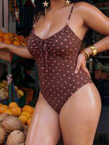 Swim Mod Summer Celestial Printed One-Piece Swimsuit Removable Chest Pads Adjustable Shoulder Straps Sexy Hollow Out Vacation Beach Swimwear Maroon - Brown - View 3