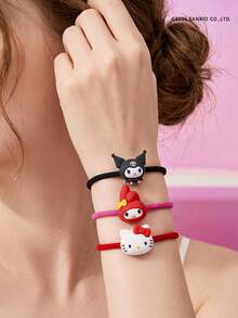 HELLO KITTY AND FRIENDS | POKOJA LAND Collaboration 3pcs Cute Cartoon Elastic Hair Ties, Adorable Cartoon Print, Good Elasticity Without Pulling Hair. Great For Daily Wear, Back To School, Valentine's Day, Mother's Day, Birthday Party, New Year As A Sweet Little Gift, Cute And Practical - Red - View 4