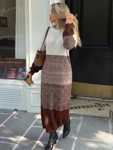 Color Block Drop Shoulder Sweater, Long Sleeve Sweater Dress - Multicolor - View 3