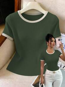 Elenzga Kaos Kasual Wanita Lengan Pendek Leher Bulat Potongan Slim Fit - Dark Green - View 5