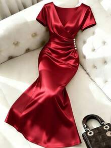 Franclia Plus Size Women Elegant Ruched Pearl Button Decor Short Sleeve Fishtail Dress, Spring/Summer Cocktail Burgundy - Red - View 4