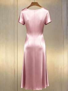 Franclia Plus Size Women Elegant Ruched Pearl Button Decor Short Sleeve Fishtail Dress, Spring/Summer - Pink - View 2