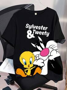 LOONEY TUNES X SHEIN 大码女式休闲可爱卡通字母图案落肩宽松黑色 T 恤，夏季大码图案 T 恤大码女式 T 恤崔弟和西尔维斯特卡通 T 恤女式大码卡通 T 恤，街头服饰 - 深灰色 - 查看 3