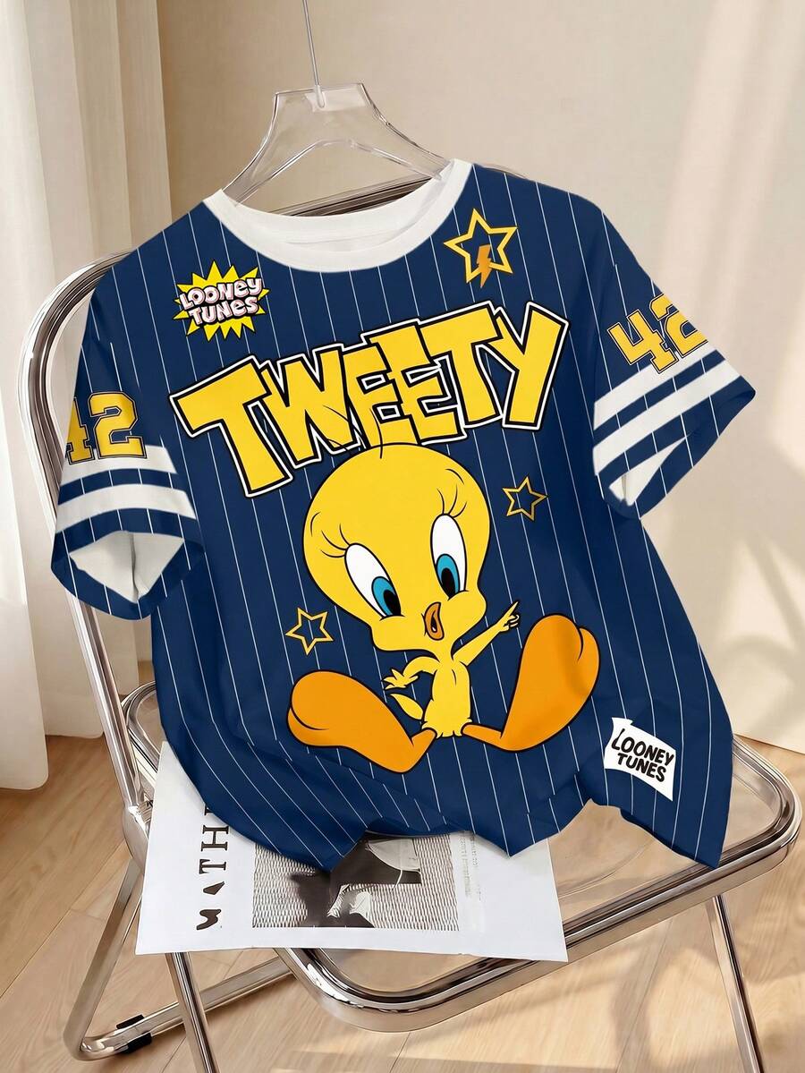LOONEY TUNES X SHEIN 女士条纹卡通图案休闲圆领短袖T恤 - 白色 - 查看 1