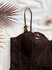 SHEIN Tall CURVE Plus Size Women's Elegant Sexy Boho Brown Summer Vacation Club Date Night Sleeveless Top Bohemian Tropical Textured Beading Resort - Brown - View 4
