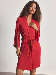 Ocili Comfortable Ribbed Soft & Smooth Cotton Robe, Women Sleepwear Loungewear - Red - View 4