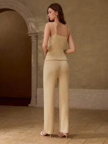 MOTF 2PCS LACE PATCHWORK SPAGHETTI STRAP KNIT TOP AND PANTS SET - Beige - View 3