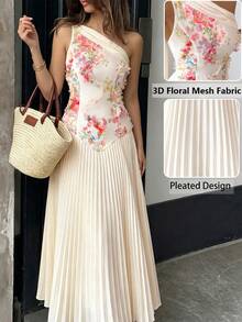 Modelyn Elegant Off-Shoulder Tie Waist Dress,3D Floral Mesh Fabric Asymmetric Ruffle HemDress,Beige,Garden Party Vacation Dinner Date Graduation Summer - Apricot - View 8