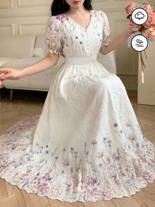 Modelyn V-Neck Waist-Defining Bubble Sleeve Printed Flared Dress, Fashionable For Spring/Summer Tea Party Vacation Off White Floral Elegant - Multicolor - View 11