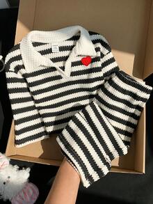 SHEIN 女嬰針織條紋領休閒T恤與長褲2件套裝 - 黑與白 - 查看 7