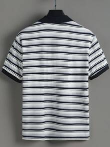 Manfinity CasualCool 男士夏季休閒條紋短袖 Polo 衫，海軍藍與白色老錢風，日常休閒，禮物派對度假假期，儀式 - 彩色 - 查看 2