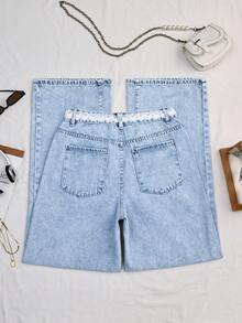 SHEIN Tall Tall Summer Fashion Washed Denim Mid-Rise Wide Leg Pants - Light Wash - View 2