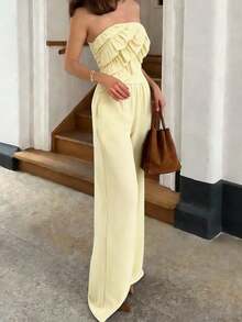 Flora Isola Flora Isola Standard Size Women's Spring/Summer Strapless Ruffled Top And Slim Fit Trousers Casual Vacation Set - Light Yellow - View 6