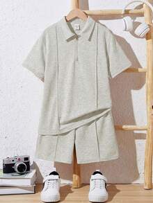 SHEIN Teen Boy Grey Summer Streetwear Family Matching Loose Casual Knitted Polo Shirt And Shorts 2 Pieces Set,Turn Down Collar Solid Short Sleeve Outfits - Grey - View 3