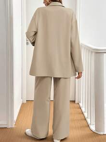 SHEIN Frenchy 女款素色捲袖襯衫與長褲休閒兩件套 - 卡其色 - 查看 2