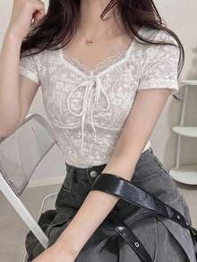 FRIFUL 女款夏季休閒素色提花T恤 - 杏色 - 查看 5