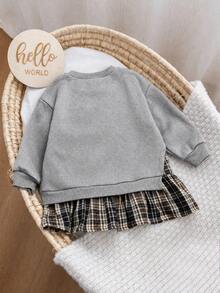 少女版 Mama's Mini 印花卡其色拼接格紋套裙運動衫洋裝 - 灰色 - 查看 4