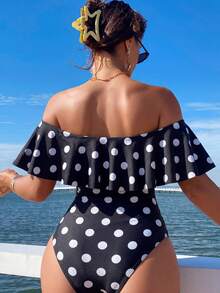 Swim Lushoire Spring/Summer Black & White Polka Dot Random Print Ruffle Off-Shoulder Side Ruched One-Piece Women's Swimsuit Festival Boho - Multicolor - View 2