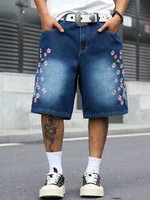 Manfinity EMRG 男士街頭風休閒刺繡藍色牛仔短褲 - 深色水洗藍 - 查看 5
