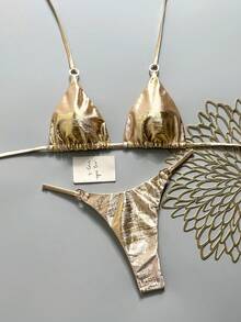 Swim Vcay 女款度假海灘金屬質感掛脖綁帶比基尼兩件式泳衣套裝 - 金色 - 查看 5