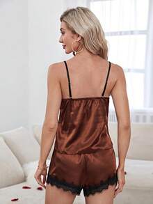 SilkySpell Women's Contrast Lace Camisole Tank Top And Shorts Loungewear Set - Ginger - View 2