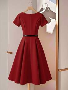 GlowEve CURVE Plus Size Women's Solid Color Square Neck Short Sleeve Elegant Dress Cocktail Formal Red Summer - Burgundy - View 2