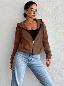 EURMUSE 100%Cotton Women Casual Zip Up Drawstring Hoodie - Coffee Brown - View 4