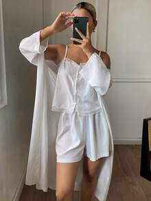DAZY 3-Piece Vacation Style 3D Polka Dot Textured Fabric Summer Pajama Set For Women - White - View 5