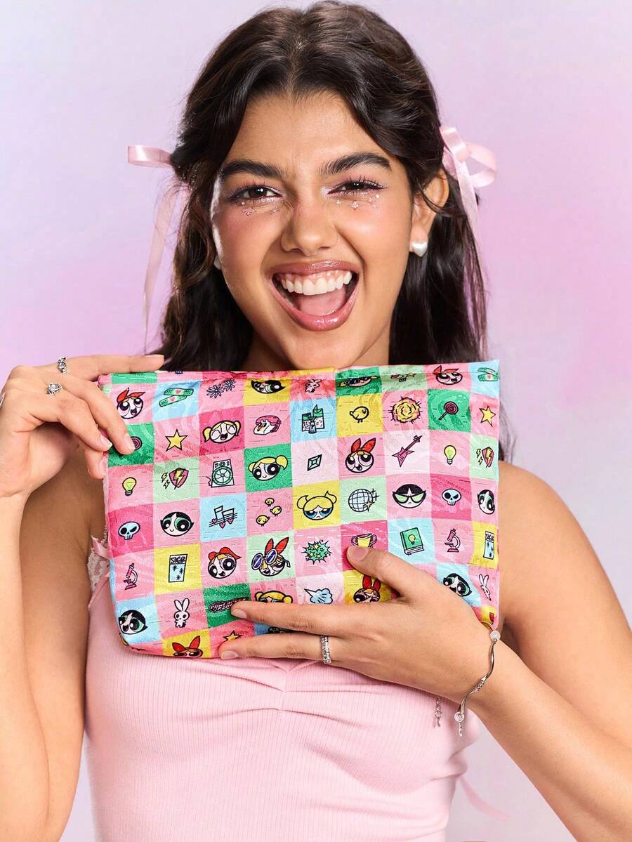 FanGlow THE POWERPUFF GIRLS X SHEIN 甜美可愛卡通圖案便攜式化妝包、零錢包、旅行包 - 彩色 - 查看 1