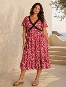 ELLERISSA Plus Size Red Ditsy Print V-Neck Short Sleeve Tea Dress With Lace Trim - Red - View 4