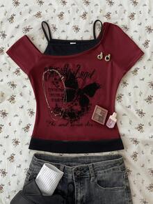 Teen Girls Casual Retro Print 2 In 1 Patchwork Short Sleeve T-Shirt - Burgundy - View 8