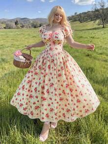 Lyrianda Plus Size Romantic Square Neck Waist Cinched A-Line Long Dress - Multicolor - View 1